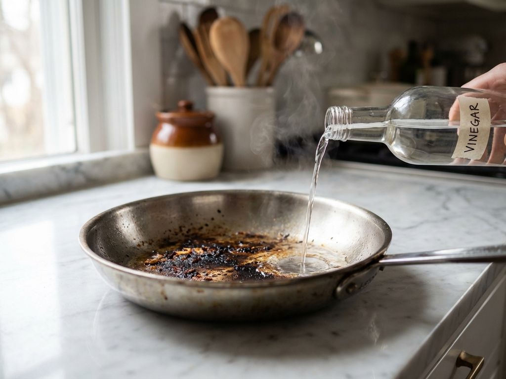 Azijn wordt in een roestvrijstalen koekenpan met aangebrande resten gegoten, stoom stijgt op, op marmeren aanrecht