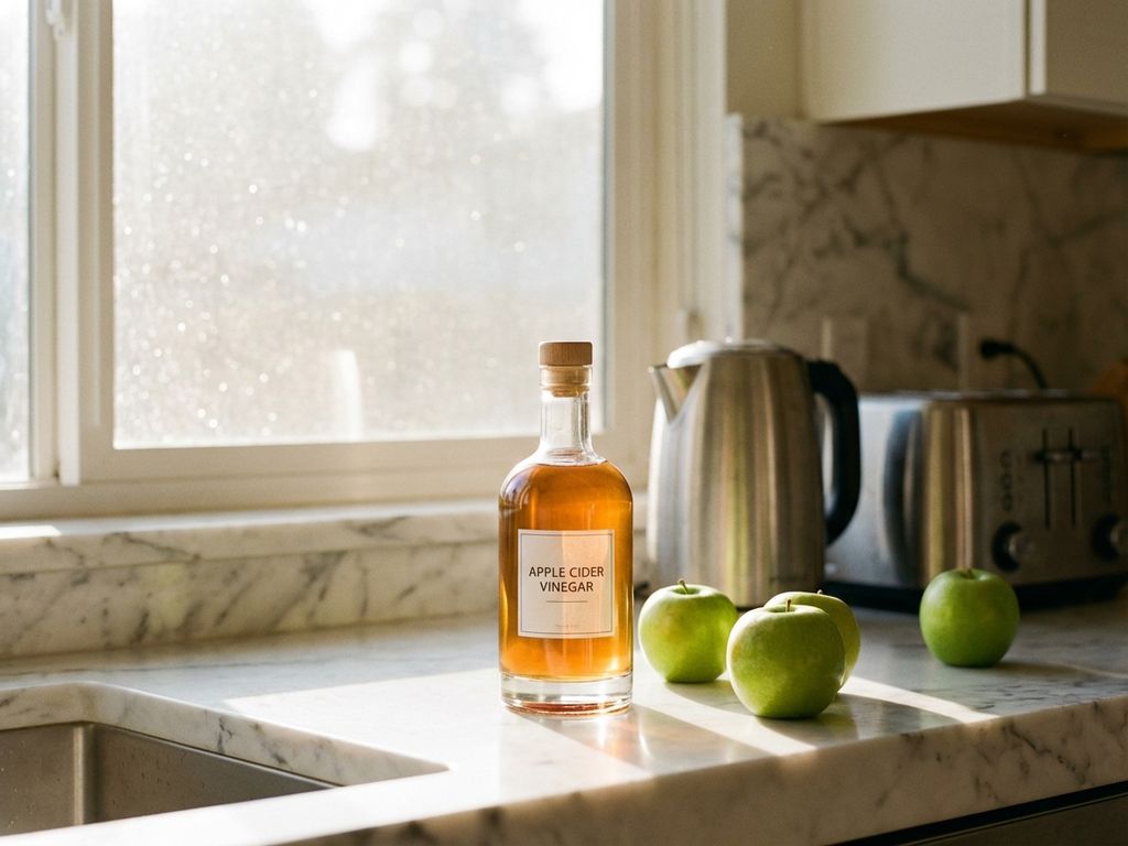 Glazen fles appelazijn op marmeren aanrecht in schone keuken met roestvrijstalen apparaten en verse appels