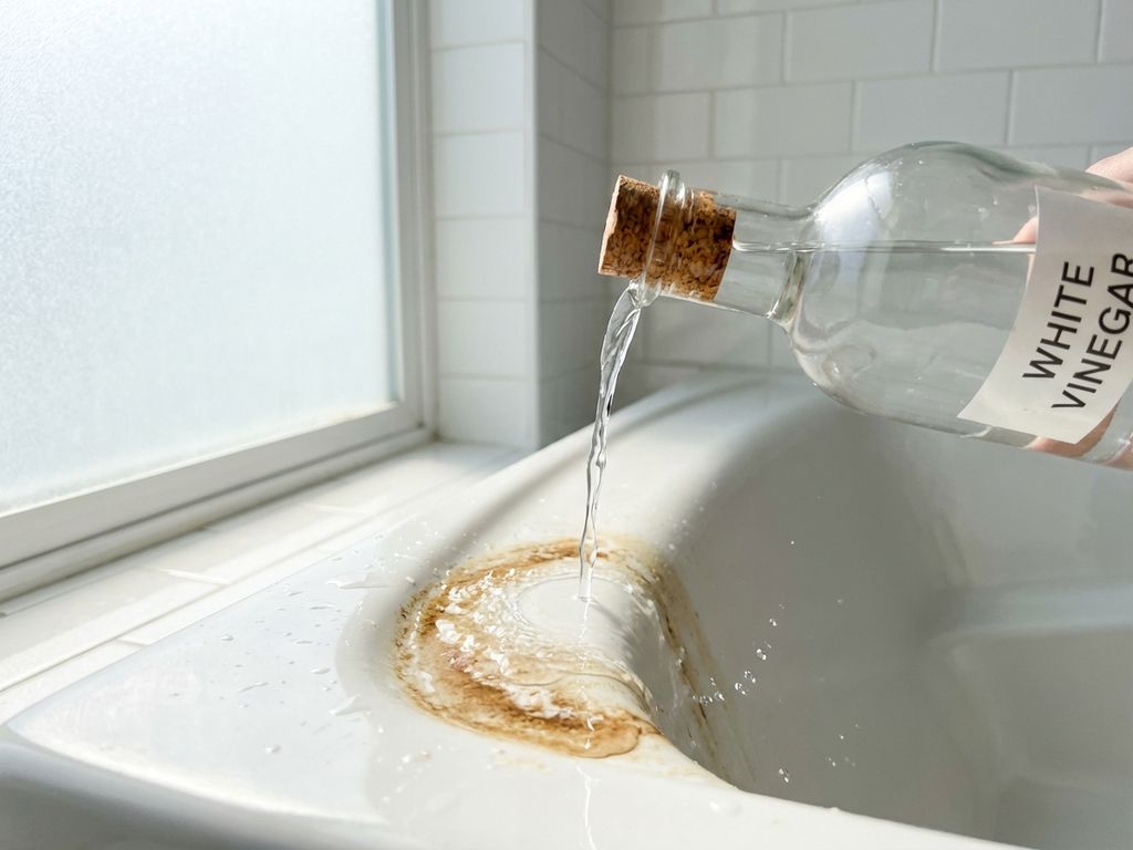 Azijn wordt gegoten op een vuilrand in een witte badkuip, druppels vangen het natuurlijke licht in een heldere badkamer