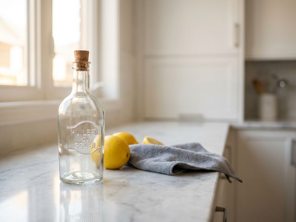 Glazen azijnfles op witte marmeren aanrecht met citroenen en microvezeldoek in natuurlijk daglicht