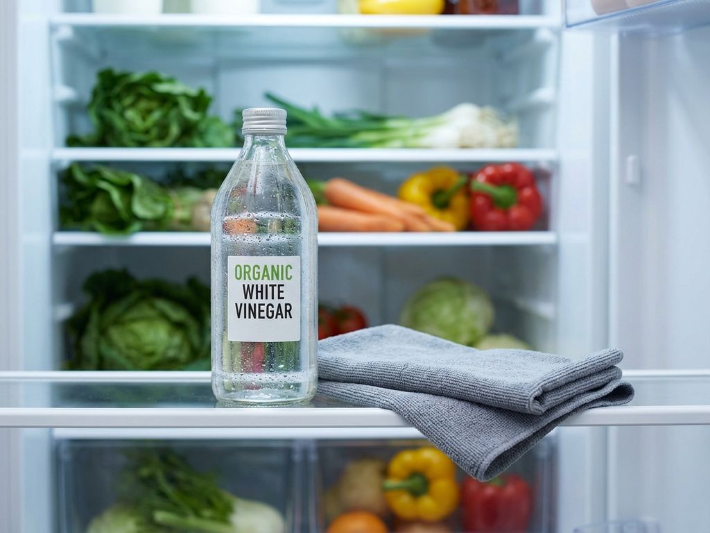 Glazen fles azijn met condensdruppels op witte koelkastplank, microvezeldoek ernaast, verse groenten op achtergrond