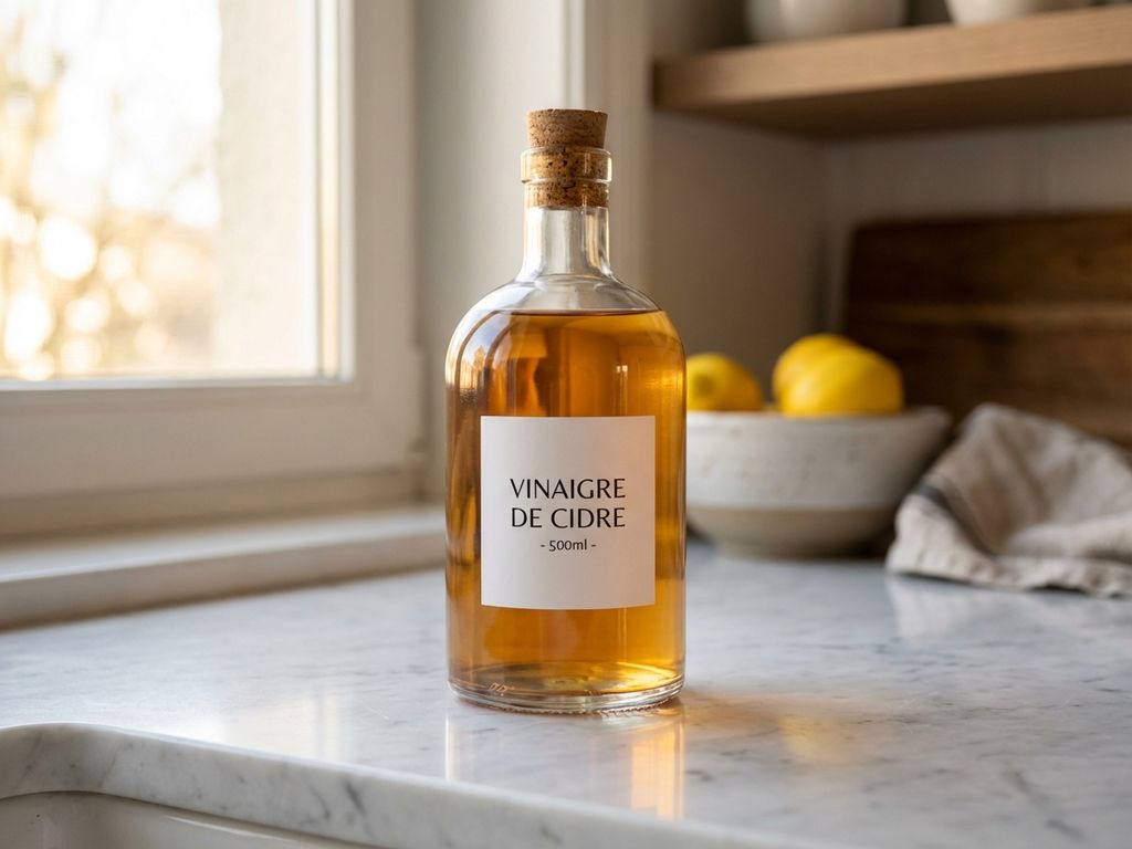 Glazen azijnfles met amber inhoud op witte marmeren aanrecht in heldere keuken met natuurlijk licht