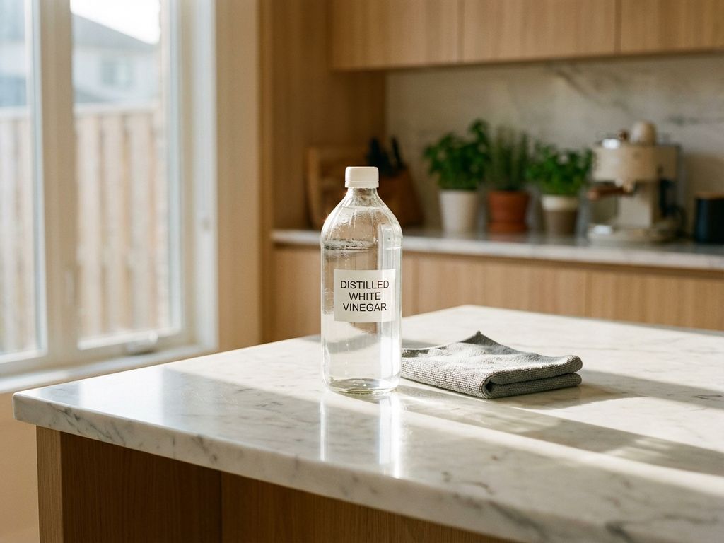 Glazen azijnfles op witte marmeren aanrecht met microvezeldoek, waterdruppels en natuurlijk zonlicht