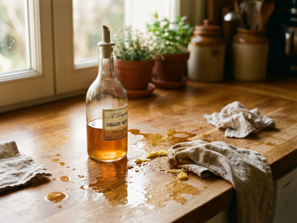 Glazen azijnfles op houten keukenblad met schoonmaakdoeken en waterdruppels in natuurlijk licht