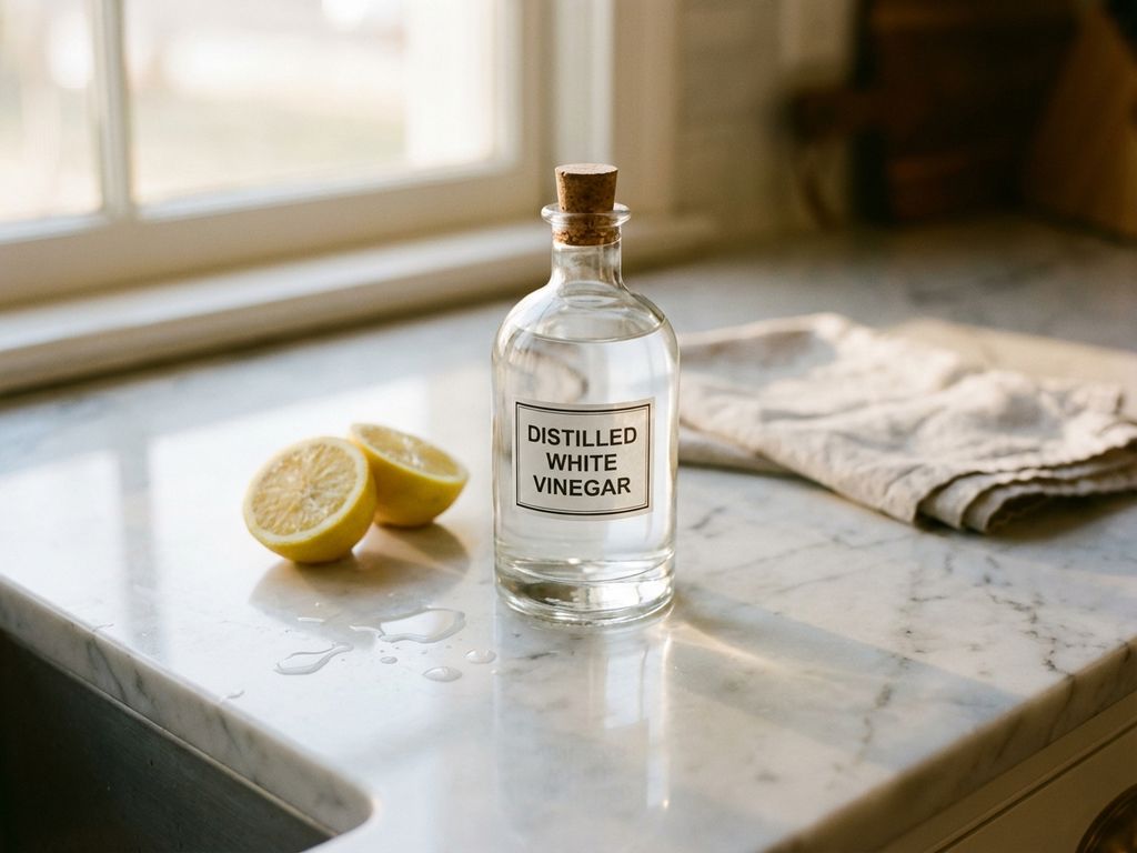 Glazen fles heldere azijn op witte keukenteller met schone oppervlakken en verse citroenhelften in natuurlijk licht
