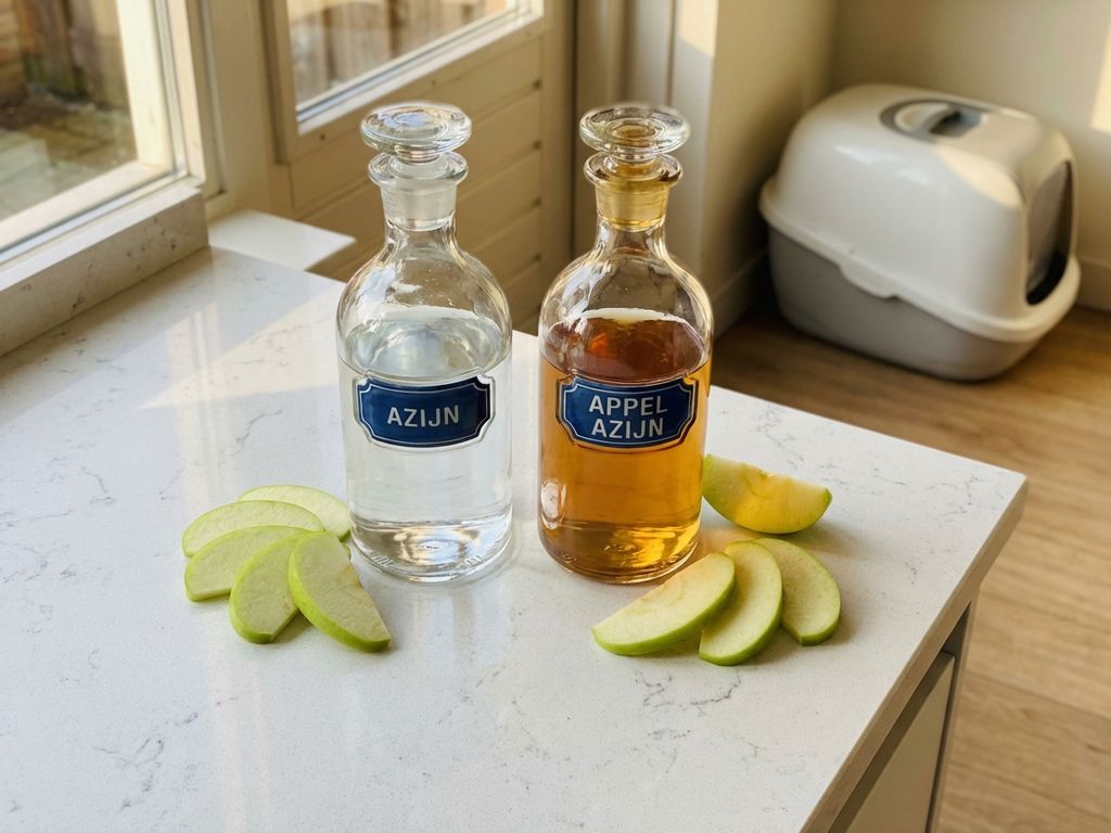 Twee glazen azijnflessen op wit aanrecht: witte azijn en appelciderazijn, met verse appelschijfjes in natuurlijk daglicht