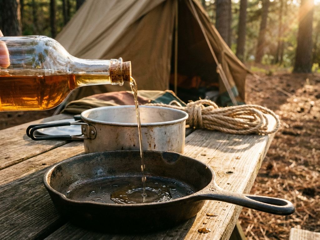 Glazen fles azijn giet op gietijzeren pan bij kampeeruitrusting op houten picknicktafel in warm namiddaglicht