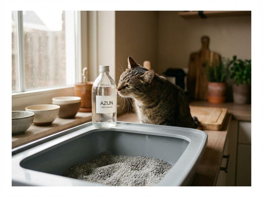 Nieuwsgierige cyperse kat snuffelt aan glazen fles azijn naast kattenbak met grijs grind in warme keuken met daglicht