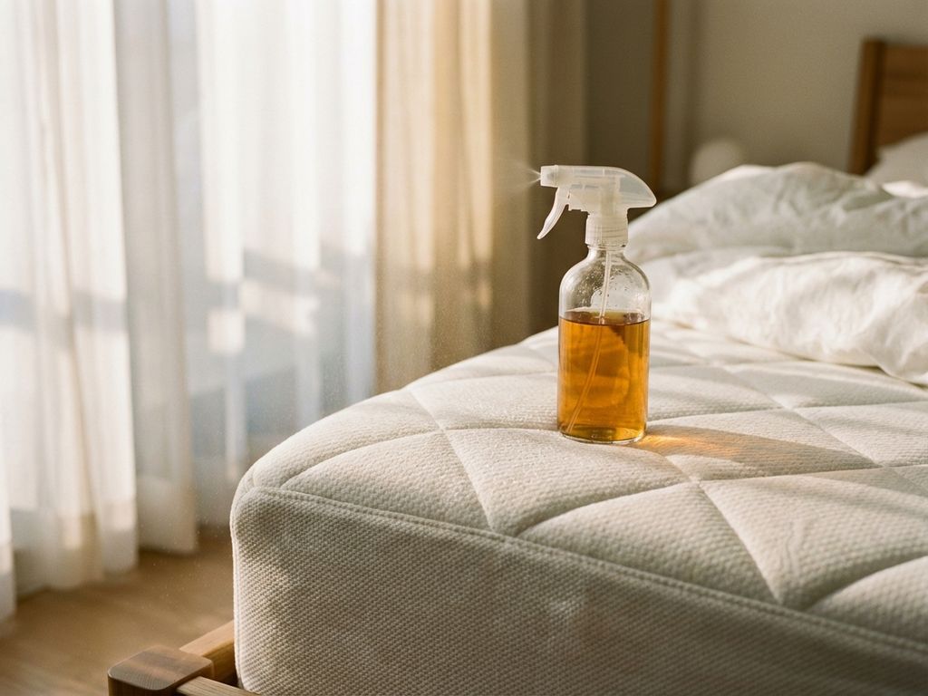 Glazen spuitfles met amberkleurige azijn op witte matrashoek, fijne neveldruppels zichtbaar in warm ochtendlicht