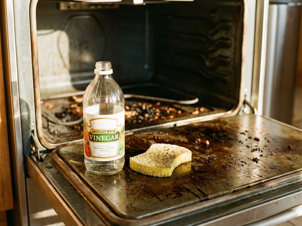 Fles witte schoonmaakazijn en gele spons op vuile ovendeur met ingebakken vet, klaar voor natuurlijk schoonmaken