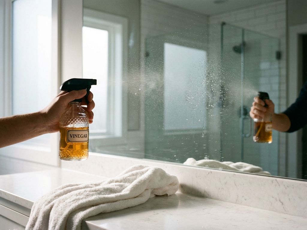 Hand sproeit azijnoplossing uit vintage glazen fles op schone badkamerspiegel, ochtendlicht door matglas, marmeren aanrecht