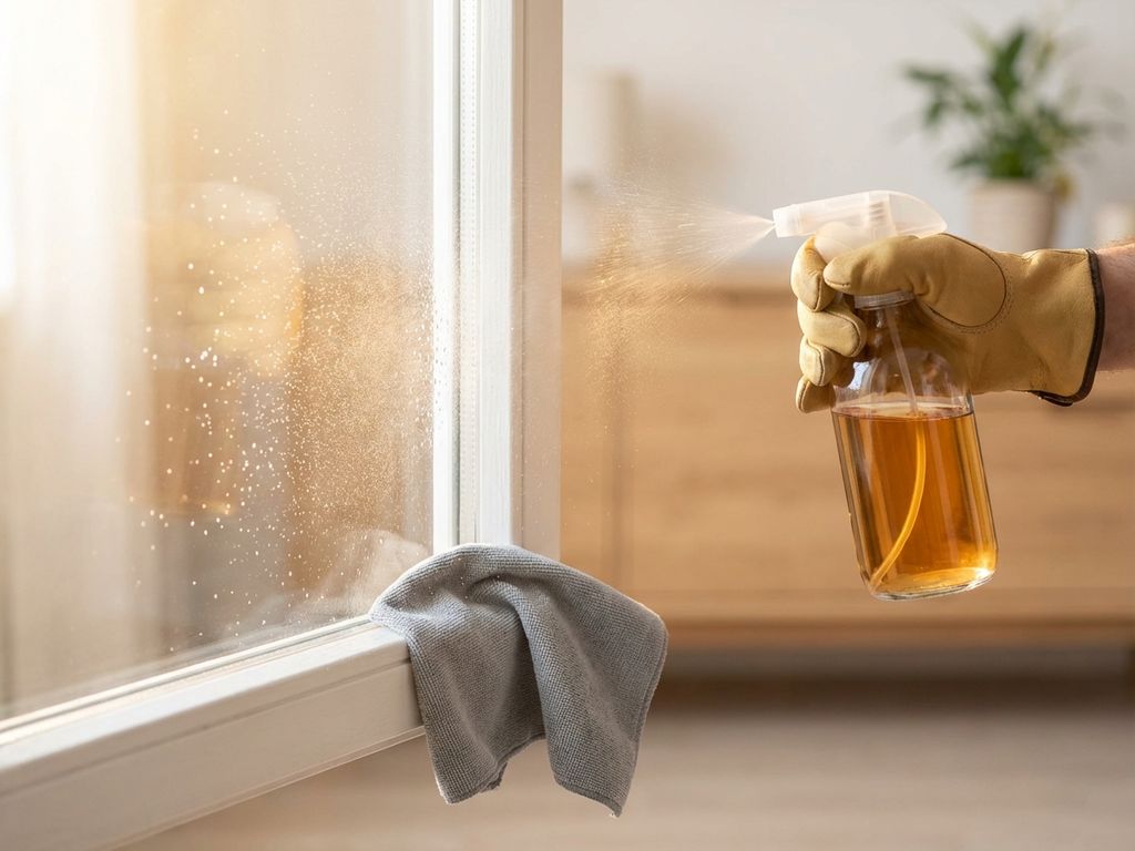 Gehandschoende hand sproeit azijn uit glazen fles op wit raamkozijn, microvezeldoek zichtbaar, ochtendzonlicht