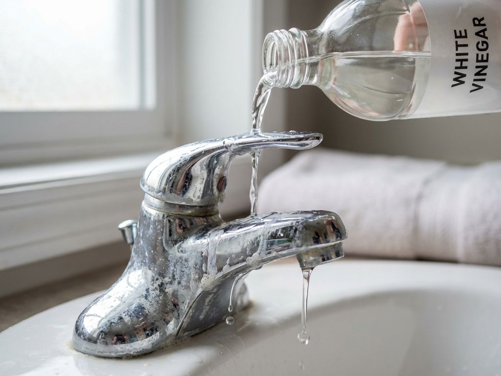 Witte azijn wordt uit glazen fles gegoten op verchroomde badkamerkraan met kalkafzetting, druppels in natuurlijk licht