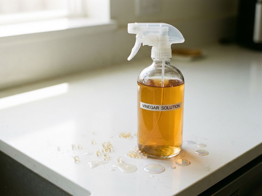 Glazen sprayflacon met azijn op witte keukentafel, bacteriën lossen op, antibacteriële werking zichtbaar