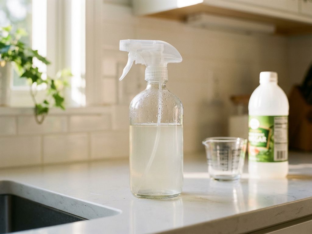 Glazen sprayflacon met verdunde azijnoplossing op witte keukentafel naast azijnfles en maatbeker in natuurlijk licht