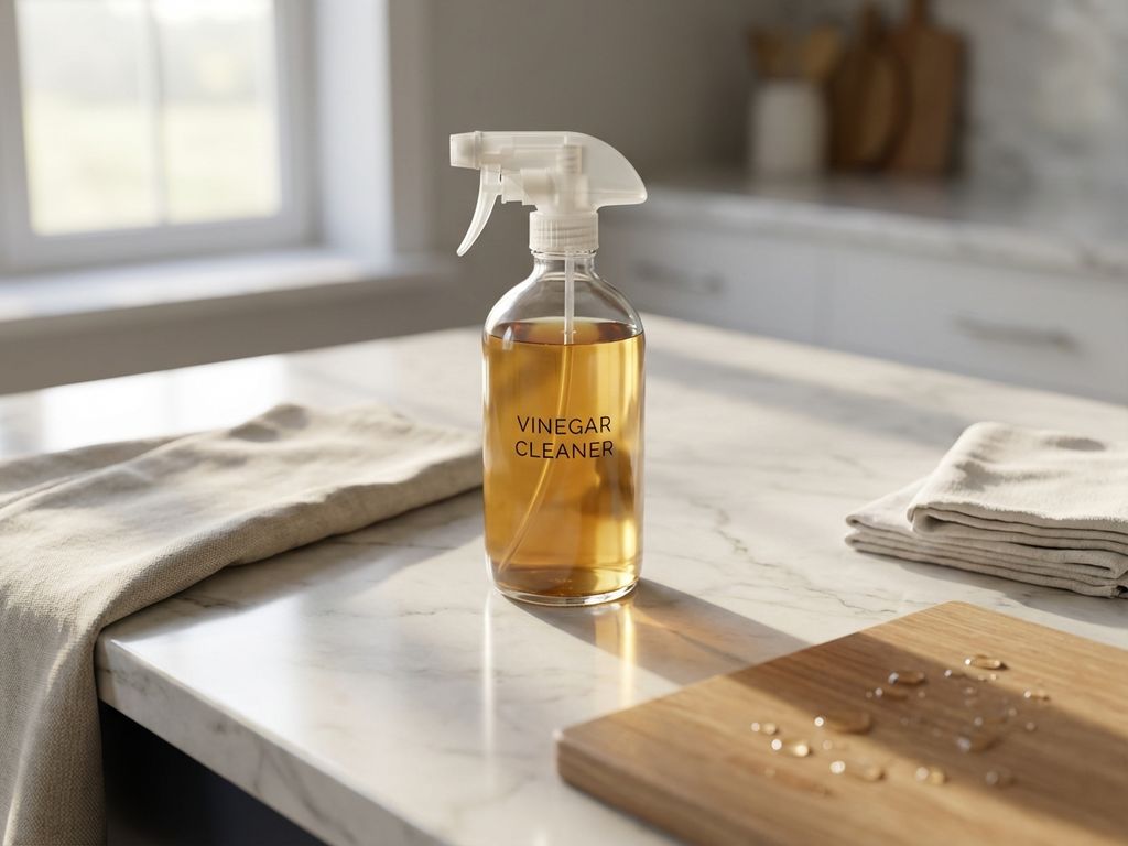 Glazen sprayflacon met azijn op witte marmeren aanrecht met schoonmaakdoeken en snijplank in natuurlijk licht