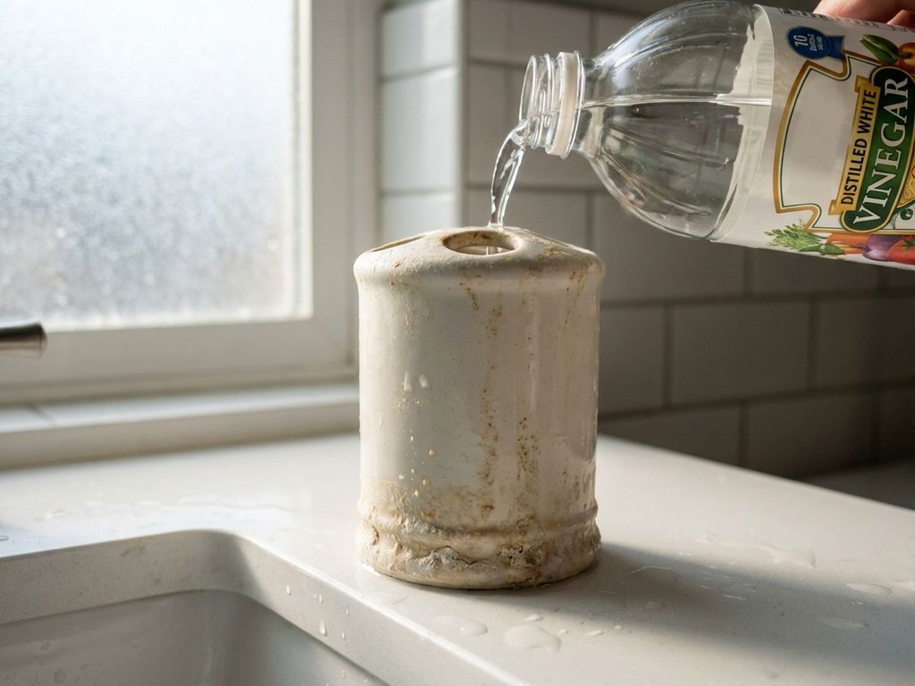 Keramische tandenborstelhouder met kalkaanslag wordt gereinigd met azijn op witte badkamertafel in ochtendlicht