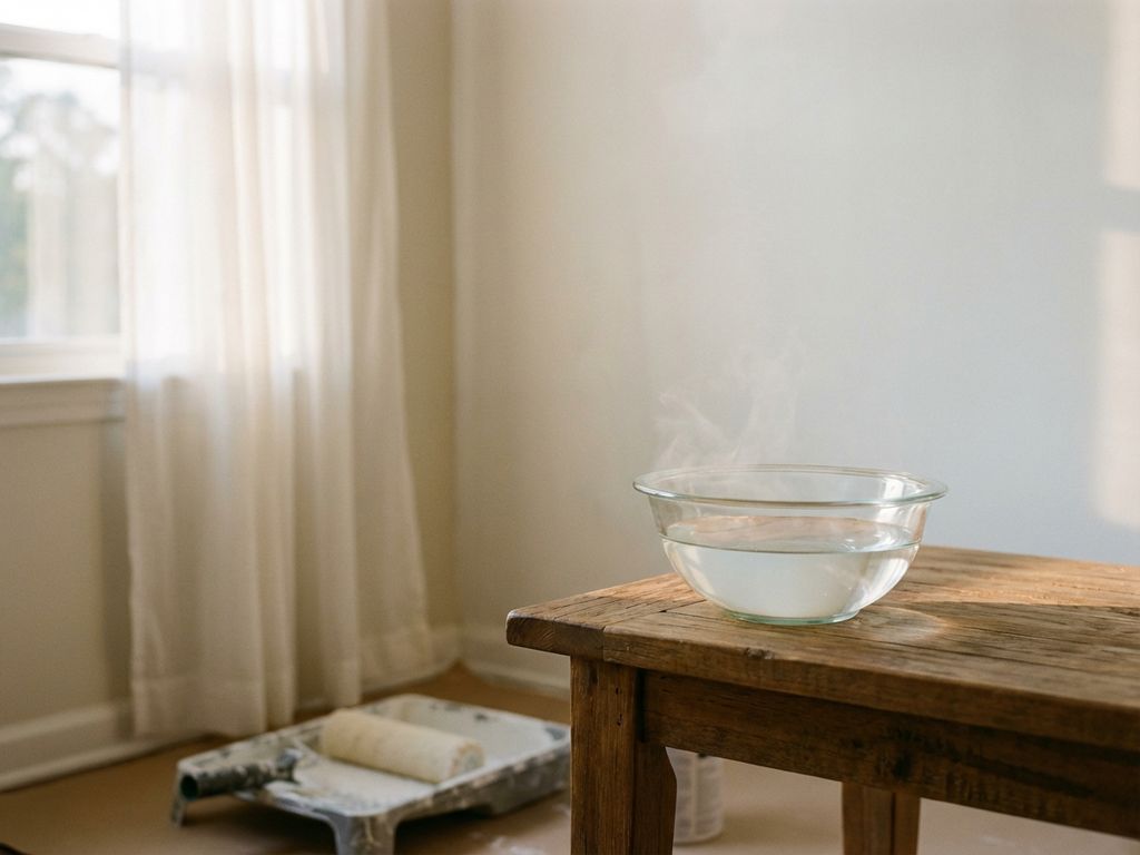 Glazen kom met azijn op houten bijzettafel voor pas geverfde witte muur, met verfroller en zacht namiddaglicht