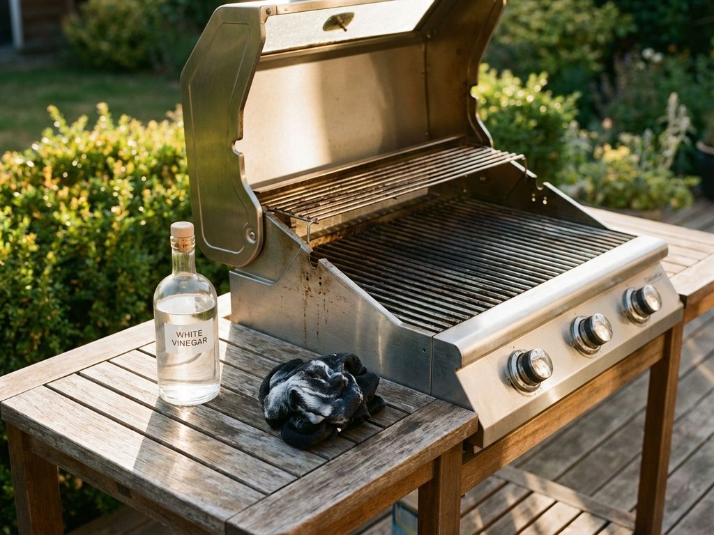 Roestvrijstalen barbecue met open deksel en fles witte schoonmaakazijn op houten tuintafel in warm namiddaglicht