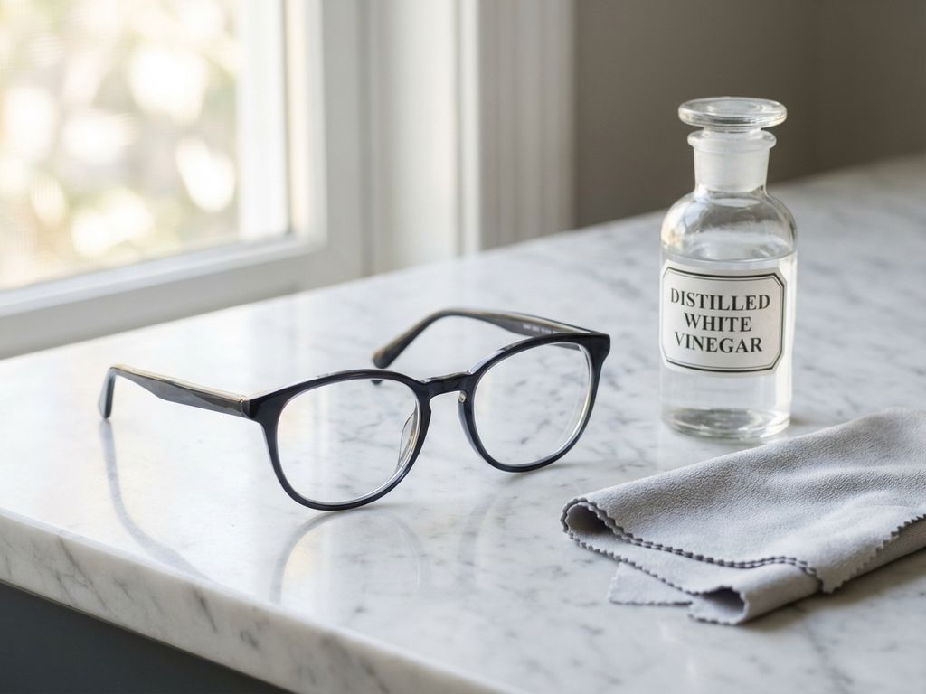 Elegante bril op wit marmeren aanrecht naast azijnfles en microvezeldoek in zacht ochtendlicht