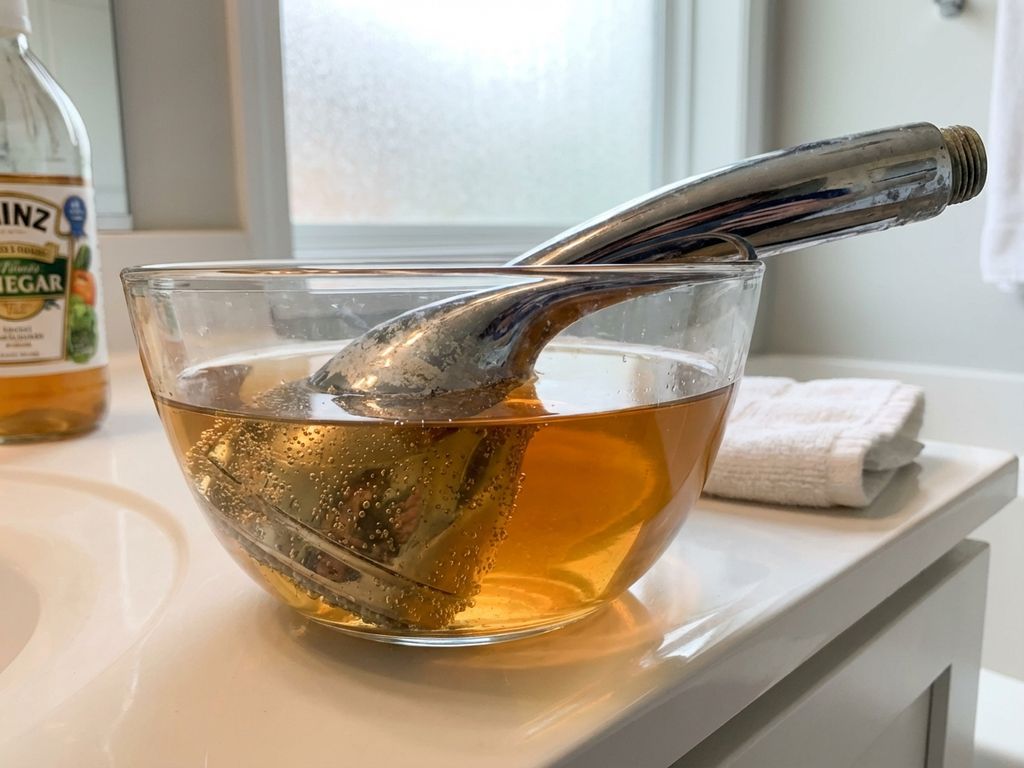 Verchroomde douchekop met kalkafzetting wordt gereinigd in glazen kom met azijn, belletjes stijgen op