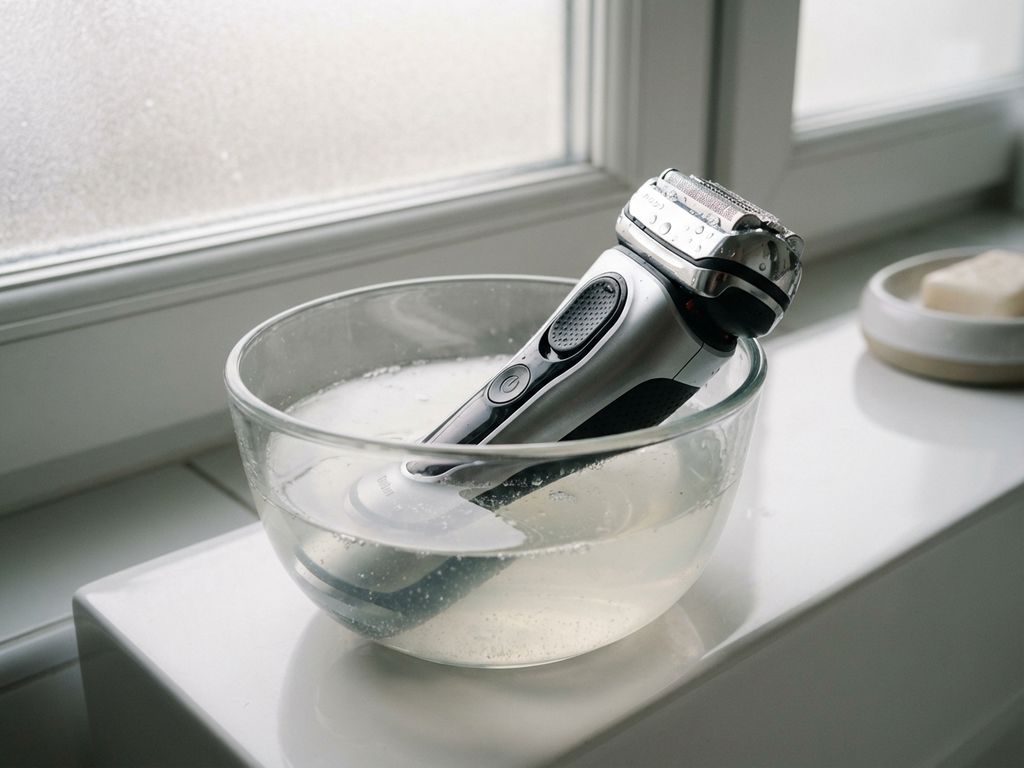 Elektrisch scheerapparaat in glazen kom met azijnoplossing, bubbels op het metalen scheerblad, zachte ochtendverlichting