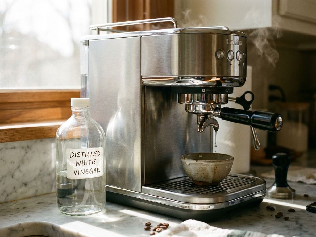 Roestvrijstalen espressomachine op marmeren aanrecht met fles witte azijn ernaast, ochtendlicht door het raam