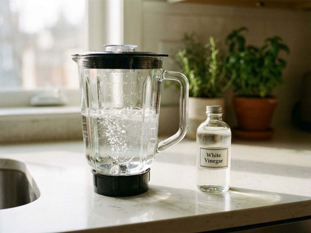 Glazen blenderkan gevuld met helder water en azijnoplossing met bubbels, naast fles witte azijn op aanrecht in daglicht