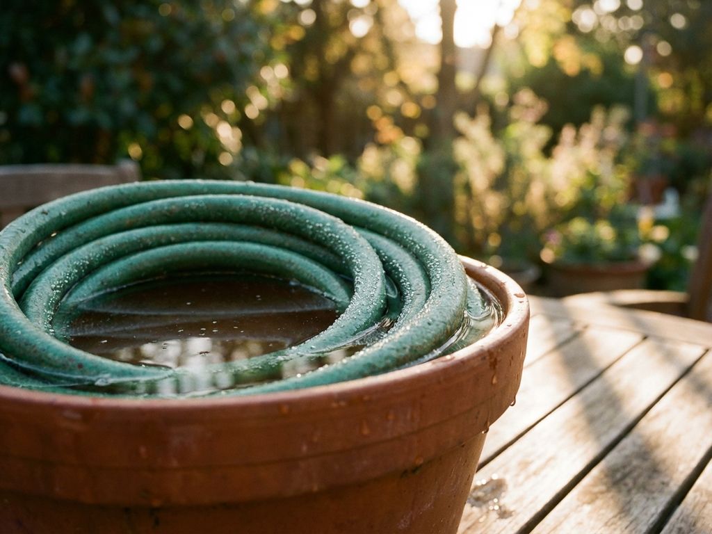 Opgerolde groene tuinslang in verweerde terracotta pot met azijnoplossing, bubbels stijgen op, op houten tuintafel