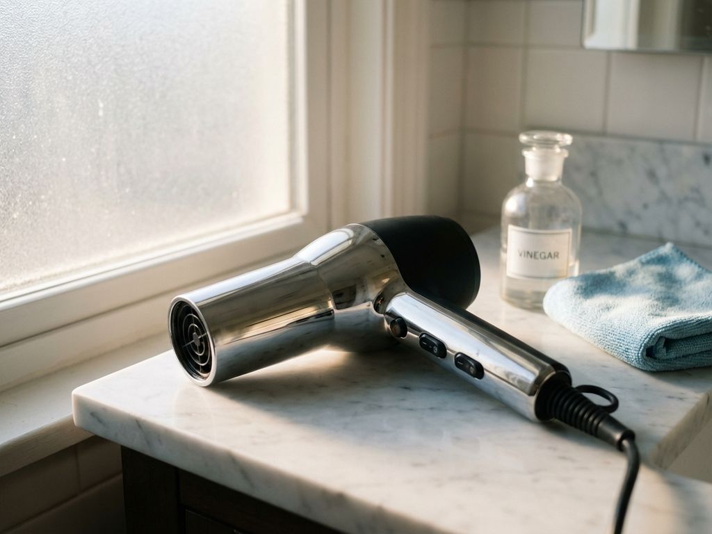 Moderne föhn op wit marmeren aanrechtblad naast azijnfles en microvezeldoek in badkamer met zacht ochtendlicht