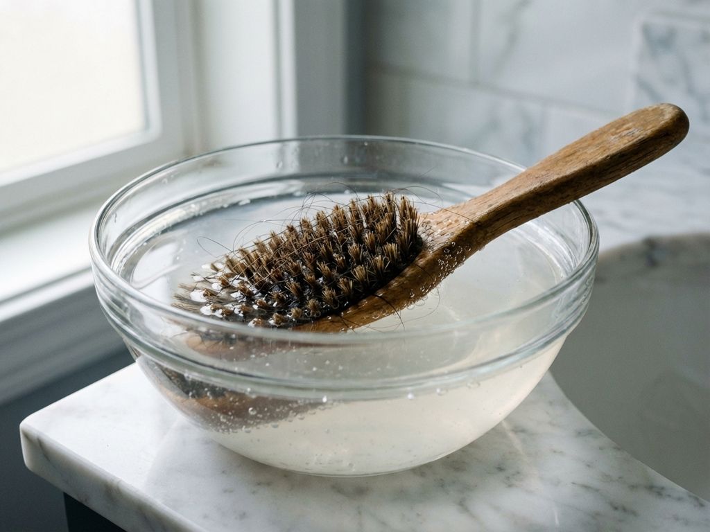 Houten haarborstel met haren weken in glazen kom met azijnoplossing op marmeren badkamerblad in natuurlijk licht