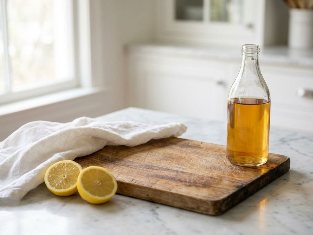 Houten snijplank met messneden op wit marmeren aanrecht, naast azijnfles, schoonmaakdoek en verse citroenen