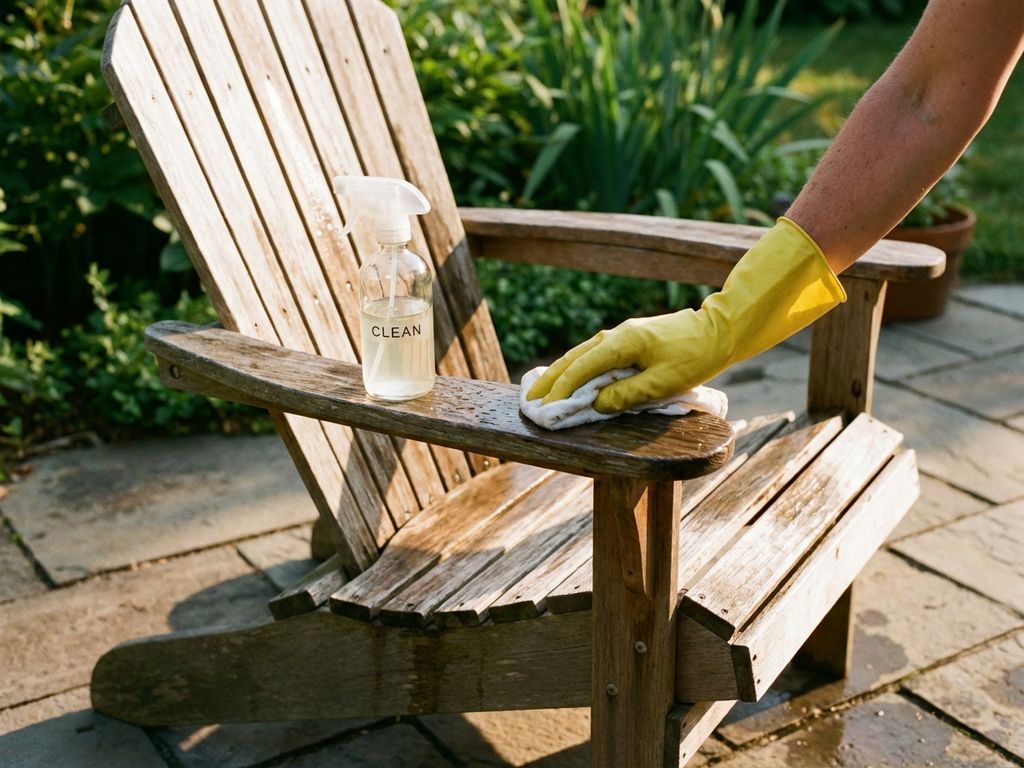 Gehandschoende hand reinigt verweerde houten tuinstoel met doek, spuitfles op zitting, zonlicht op natte oppervlak