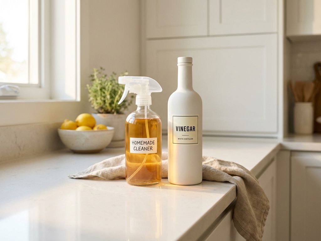 Glazen sprayflacon met zelfgemaakte allesreiniger en witte azijnfles op schone keukenblad met natuurlijk licht