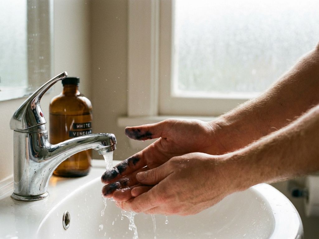 Inktbevlekte handen onder stromend water bij een gootsteen met witte azijn, in warm natuurlijk badkamerlicht