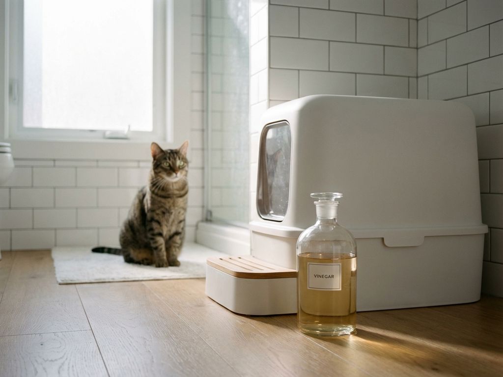 Glazen fles azijn naast moderne kattenbak op houten vloer, nieuwsgierige tabby kat op achtergrond in Scandinavische badkamer