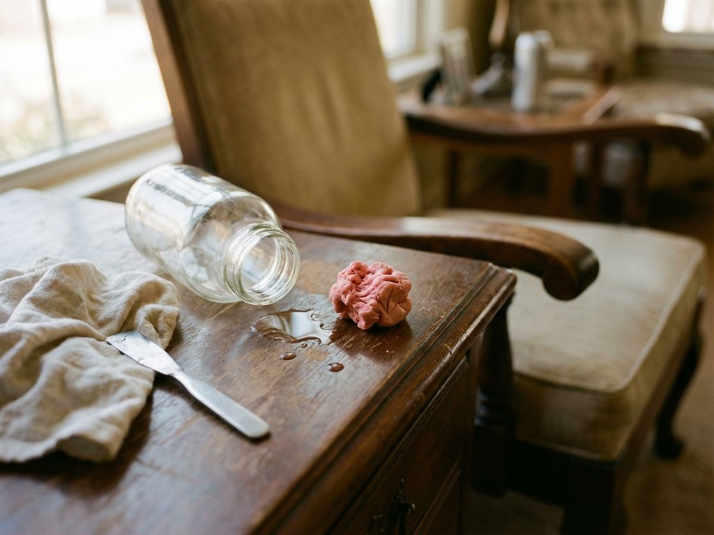 Roze kauwgom op houten armleuning met witte azijn, doek en schraper voor verwijdering in natuurlijk daglicht