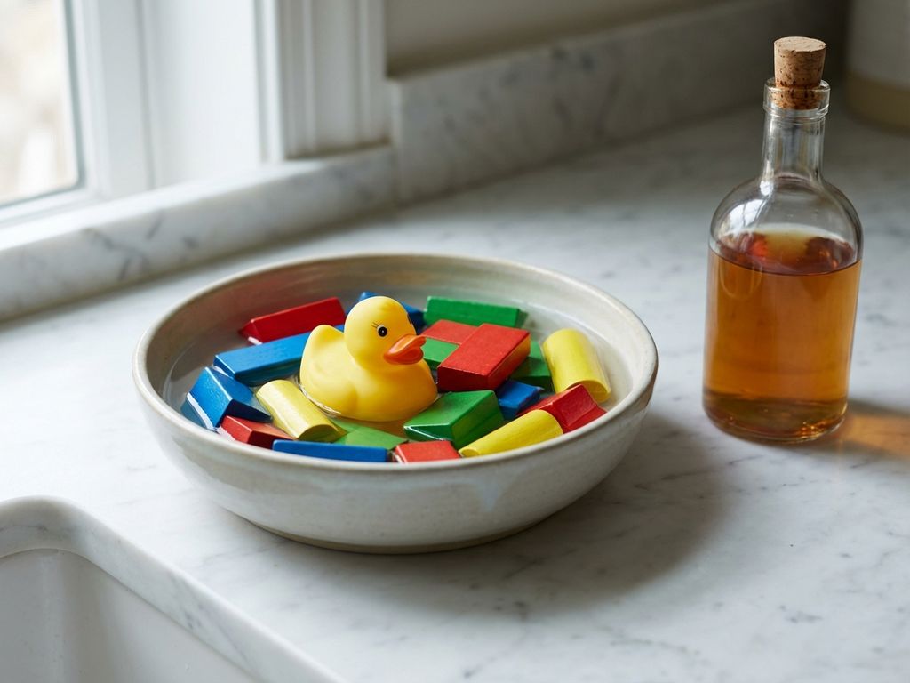 Kleurrijke houten blokken en badeend in keramische kom met water naast azijnfles op wit marmeren aanrecht