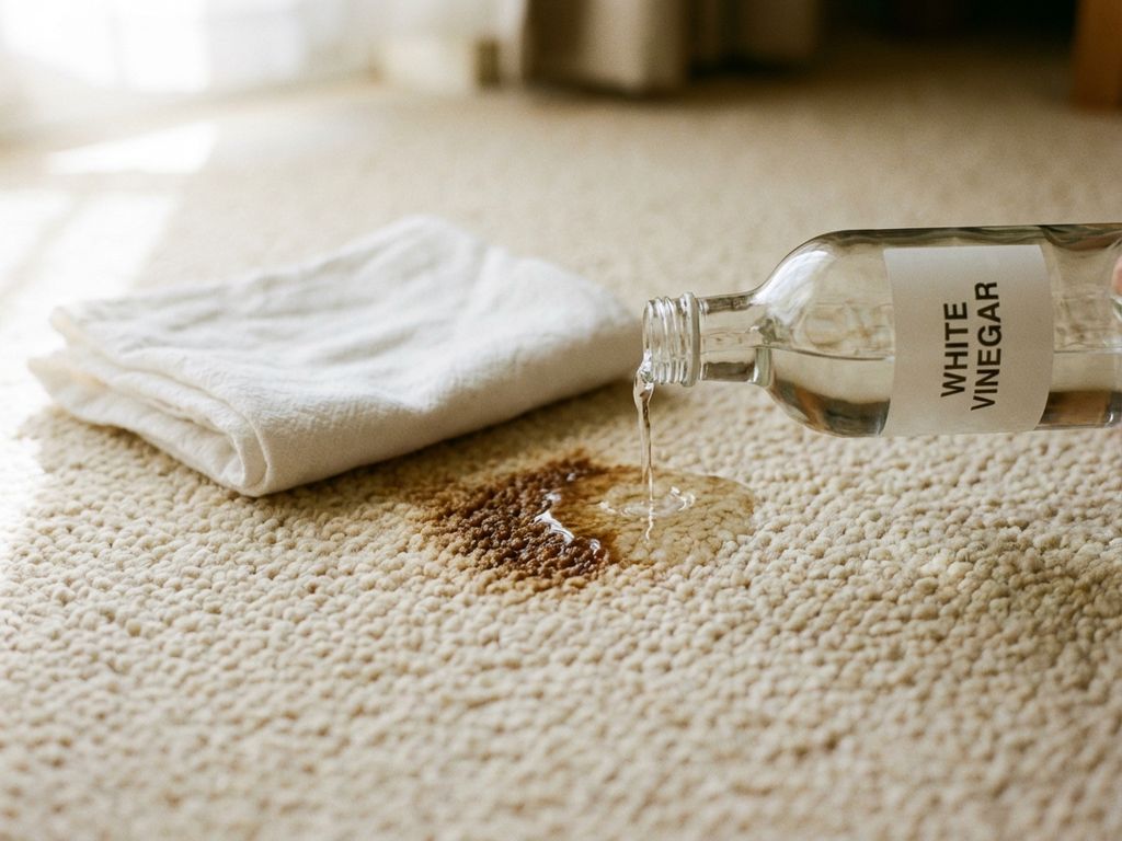 Witte azijn wordt gegoten op een bruine koffievlek op een crèmekleurig tapijt, met een witte doek ernaast voor deppen