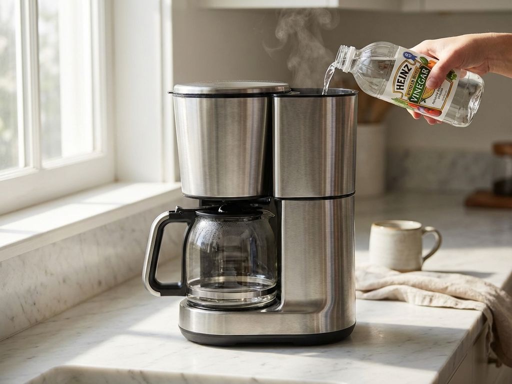 Witte azijn wordt in het waterreservoir van een roestvrijstalen koffiezetapparaat gegoten op een marmeren aanrecht