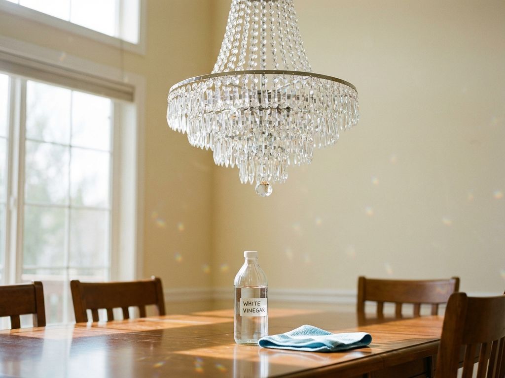 Kristallen kroonluchter in lichte eetkamer met fles witte azijn en microvezeldoek op houten tafel eronder