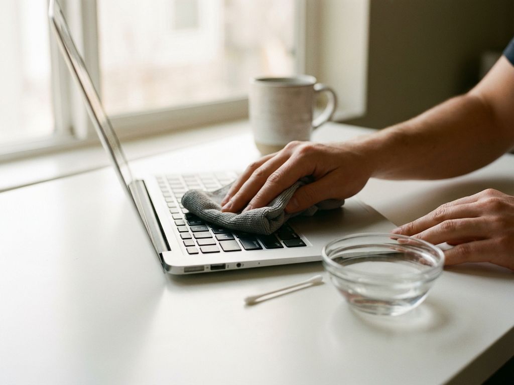 Handen reinigen een zilveren laptoptoetsenbord met een microvezeldoek, azijn en wattenstaafje op wit bureau in daglicht