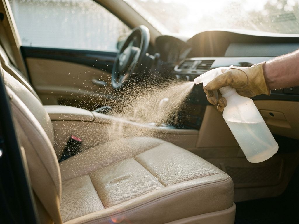 Gehandschoende hand sproeit verdunde azijnoplossing op beige leren auto-interieur, druppels glinsteren in natuurlijk daglicht