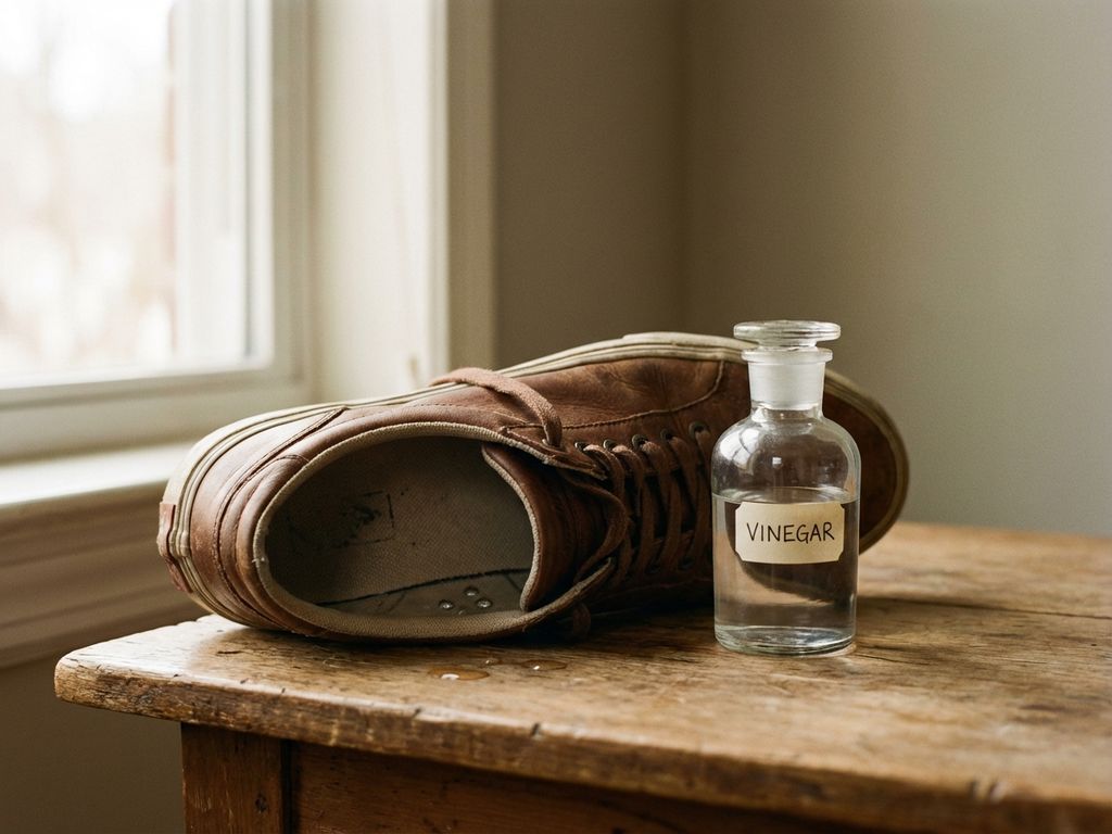 Versleten leren sneaker op zijn kant met glazen flesje azijn ernaast, druppels op de binnenzool, houten ondergrond