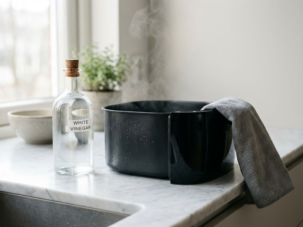 Zwarte airfryer-mand met waterdruppels op wit marmeren aanrecht, naast azijnfles en microvezeldoek