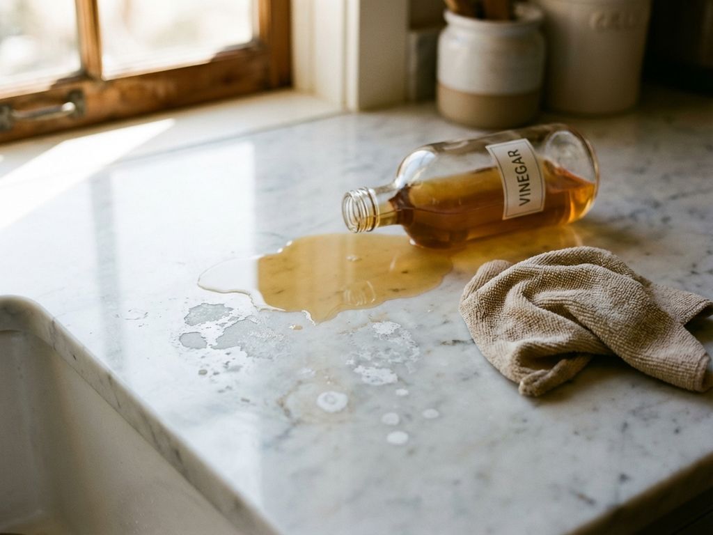 Omgevallen azijnfles op witte marmeren aanrecht met zichtbare etssporen en doffe vlekken door zuurschade