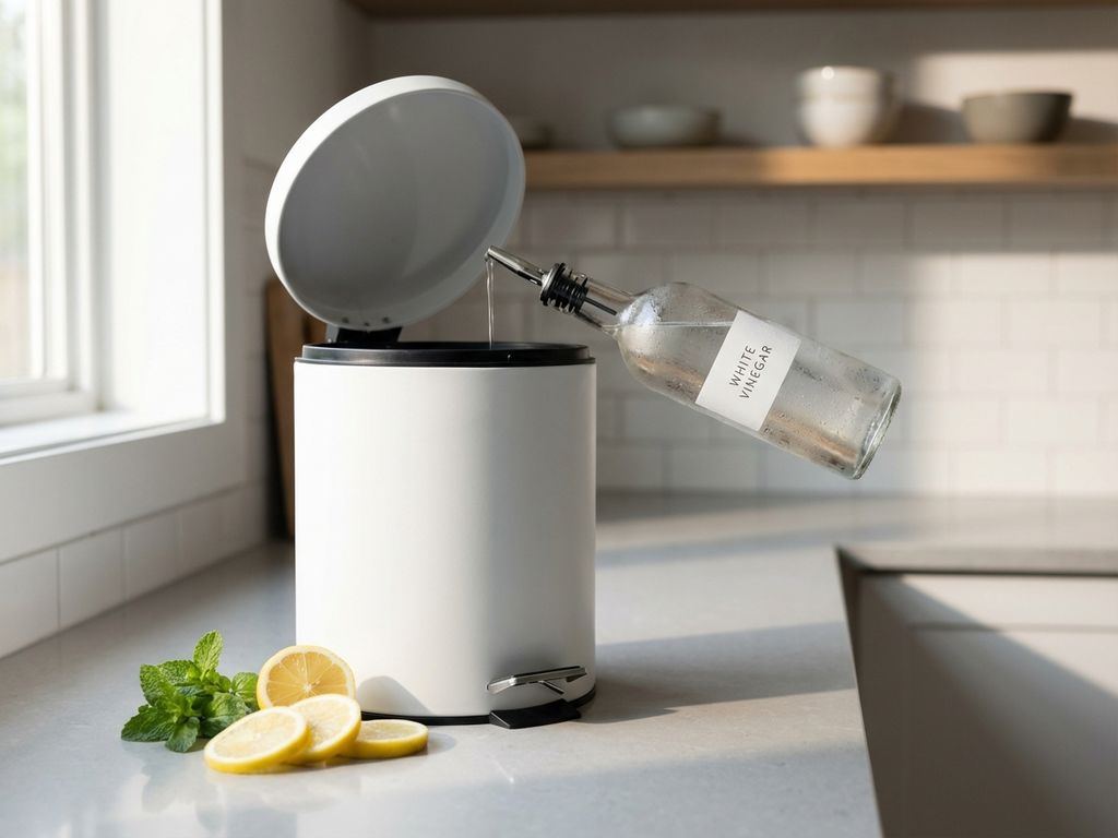 Glazen fles azijn giet in witte prullenbak met citroenschijfjes en munt op aanrecht in minimalistische keuken