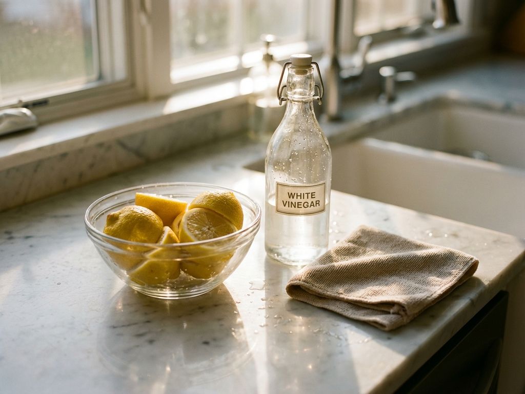 Natuurlijke schoonmaakmiddelen op marmeren aanrecht: citroenhelft in glazen kom, azijnfles en microvezeldoek