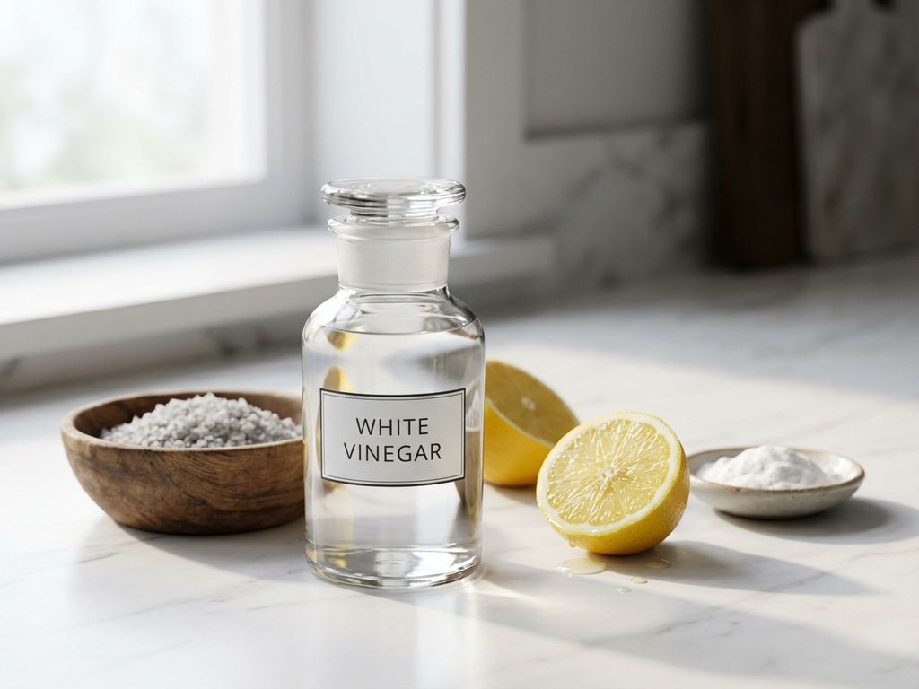 Glazen azijnfles op marmeren aanrecht met zeezout, citroen en zuiveringszout voor natuurlijke schoonmaak