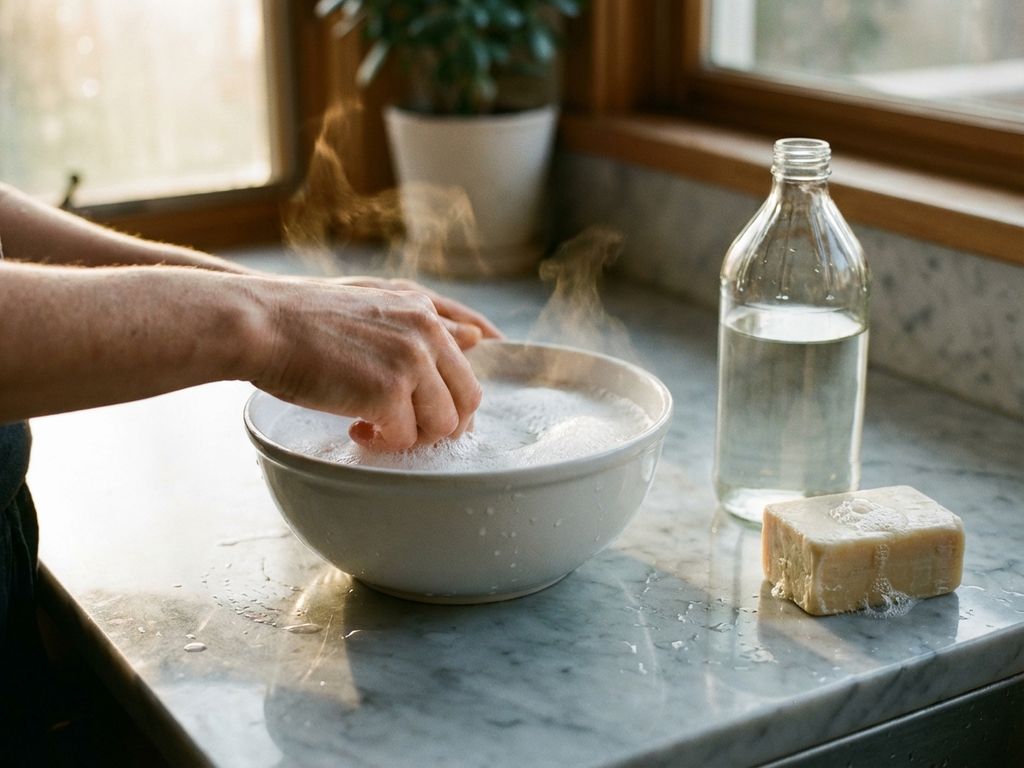 Witte keramische kom met zeepsop, azijnfles en natuurlijke zeep op marmeren aanrecht met zachte ochtendverlichting